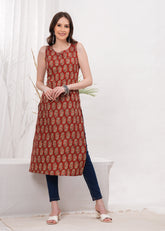 Heritage Elegance  Ajrak Print Maroon  Cotton Sleeveless Long Kurti - Showcasing Rich Patterns And Cultural Artistry